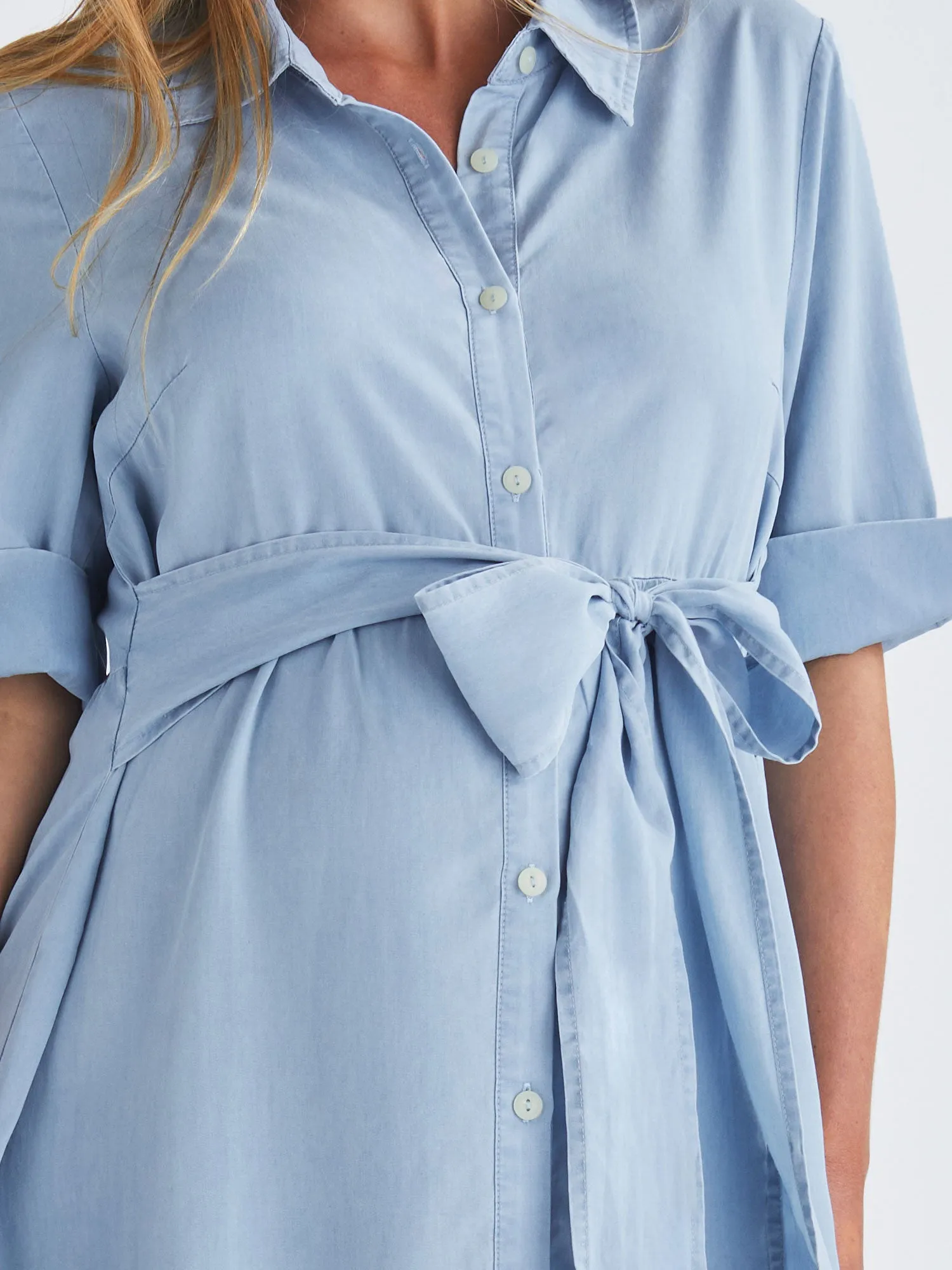 Poppy Maternity Tencel Shirt Dress In Blue