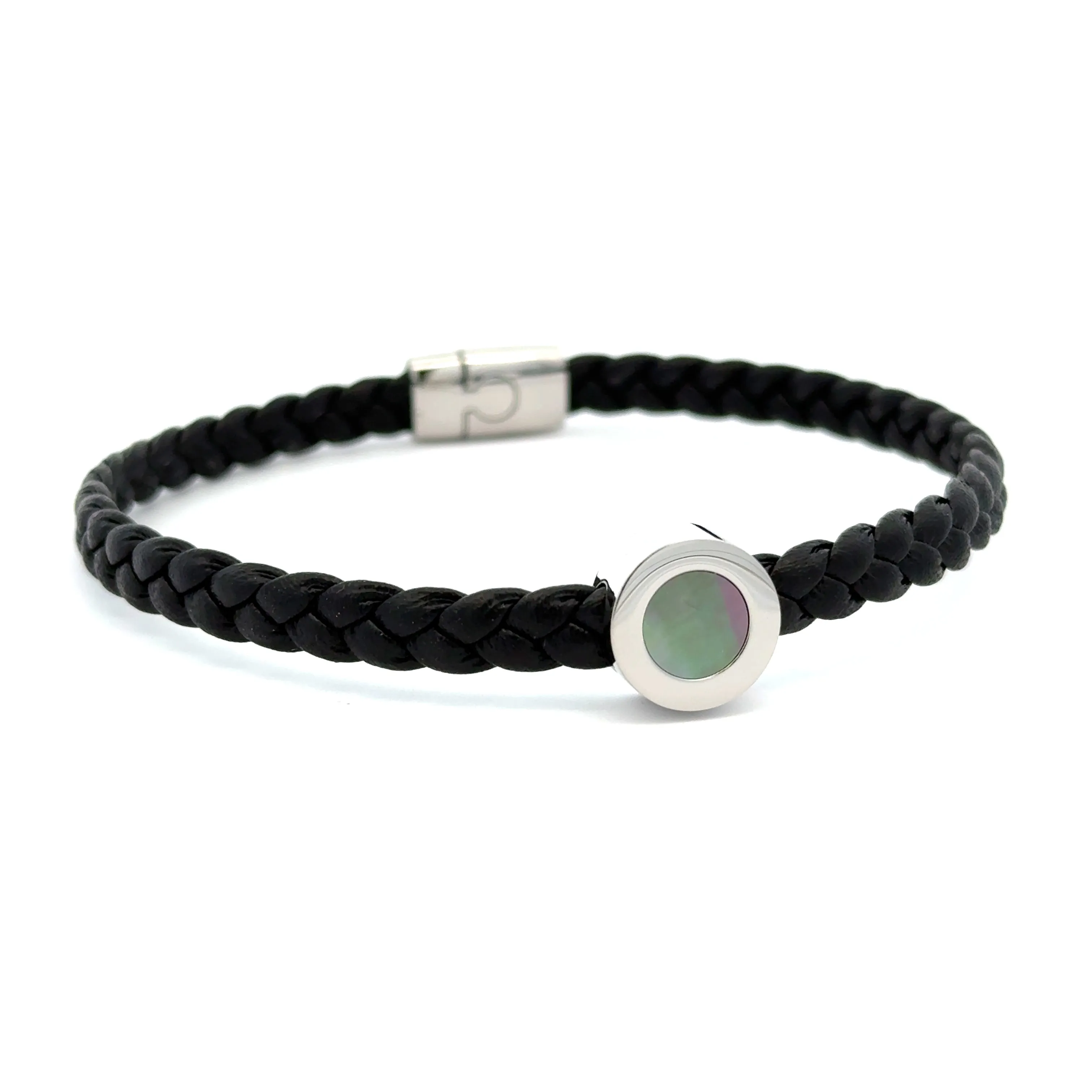 Stainless Steel Braided Black Leather Bracelet with Black Mother of Pearl