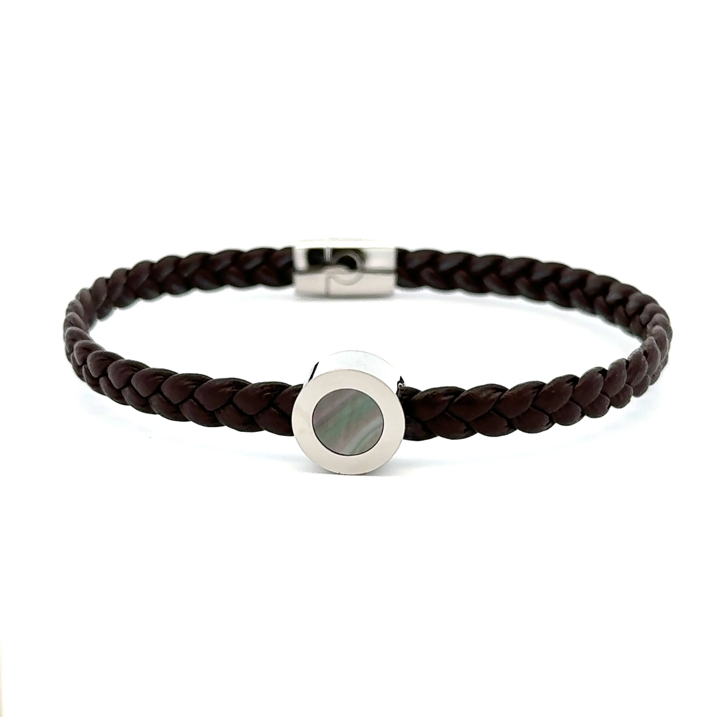 Stainless Steel Braided Brown Leather Bracelet with Black Mother of Pearl