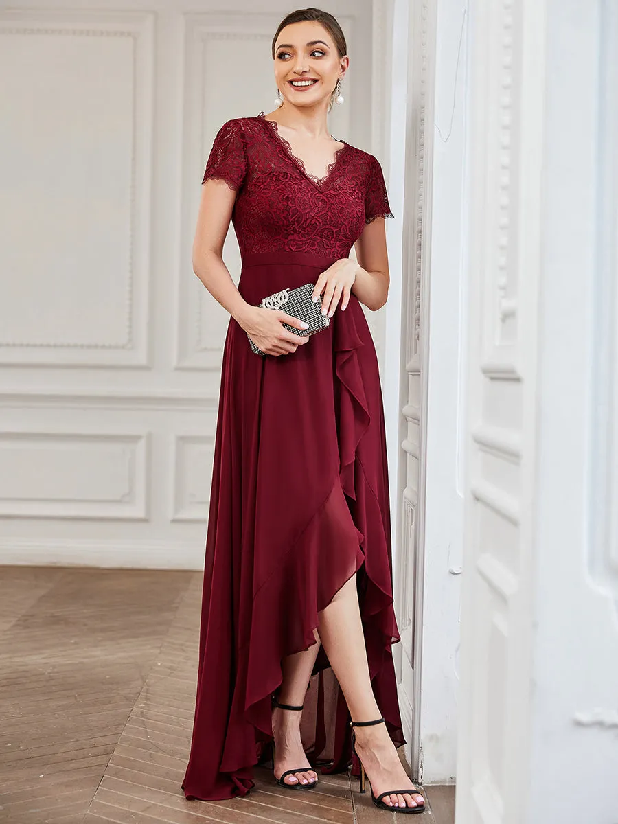 V Neck Short Sleeves Asymmetrical Hem Wholesale Bridesmaid Dresses