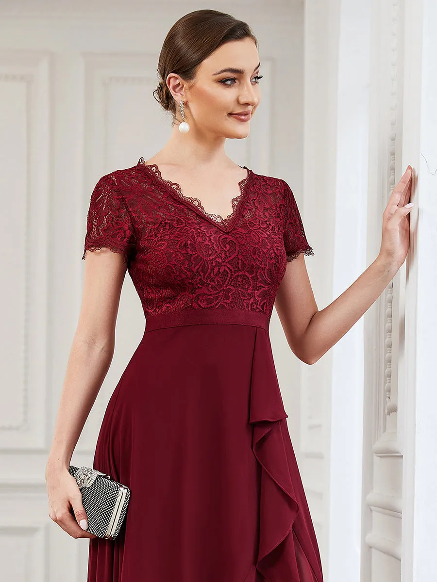 V Neck Short Sleeves Asymmetrical Hem Wholesale Bridesmaid Dresses