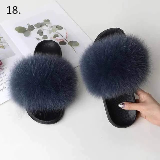 Women Casual Real Fox Fur Slippers