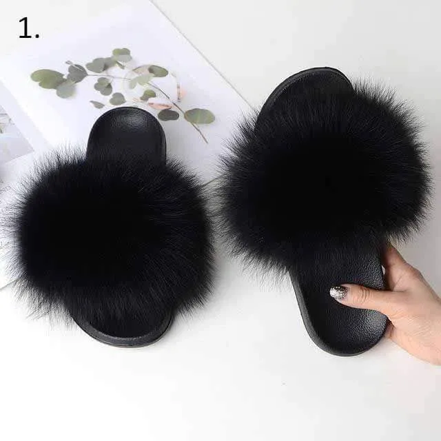 Women Casual Real Fox Fur Slippers